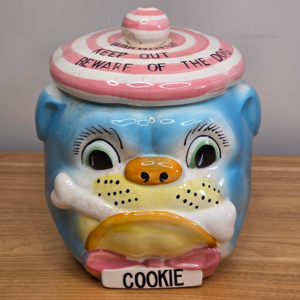 Vintage Anthropomorphic Bulldog Cookie Jar Striped Hat Bow Tie Grantcrest Japan